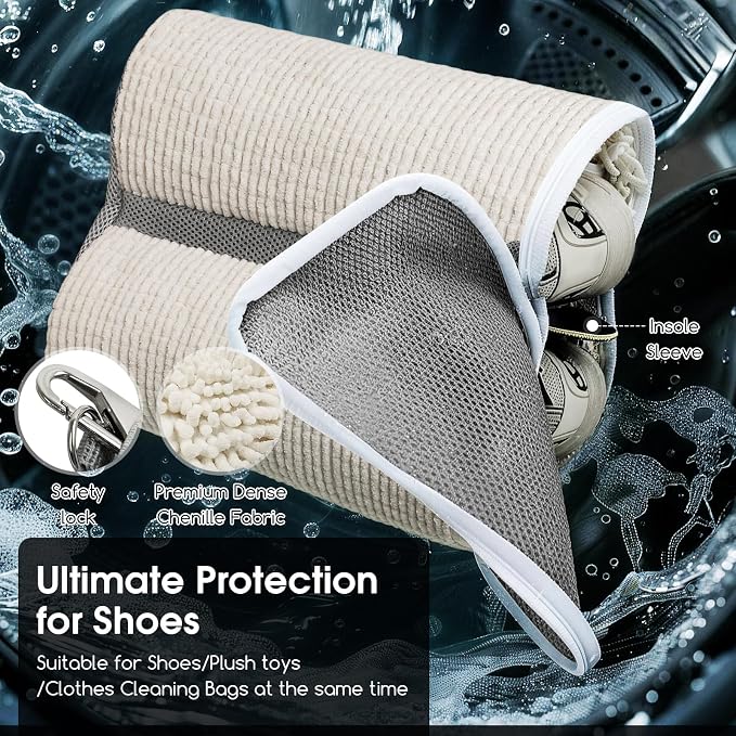 Dual Compartment Shoe Washing Machine Bag for Sneakers, Beige/Gray, 2-Pack | Clasp-Lock Zipper, Reinforced Seams and Bound Edges, Longer & Denser Chenille Strips for 360° Deep Cleaning - Image 4