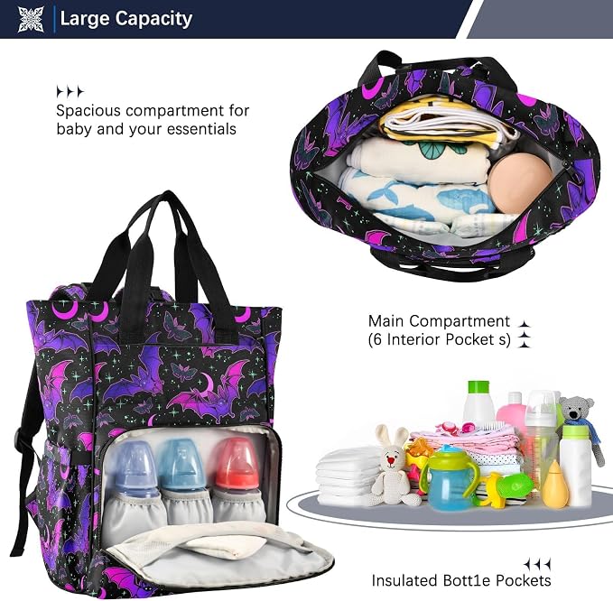 MNSRUU Diaper Bag Purple Bat Gothic Diaper Bag Backpack Multifunction Travel Diaper Bag Tote Large Capacity Diaper Changing Backpacks for Moms Dads - Image 5