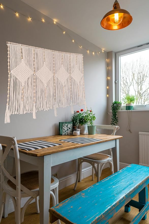kiido Large Macrame Wall Hanging 47"×33" Boho Tapestry Woven Wall Decor- Cotton Tassel Macrame Curtain Beige Chic Bohemian Wall Art for Home Living Room Bedroom Dorm Wedding (Includes Hanging Rod) - Image 3