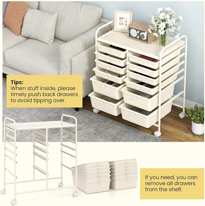 Giantex 12 Drawers Rolling Storage Cart, Classroom Organizers with Wheels for Tools Scrapbook Craft Paper Teacher Office School Supplies (Ivory) - Image 5