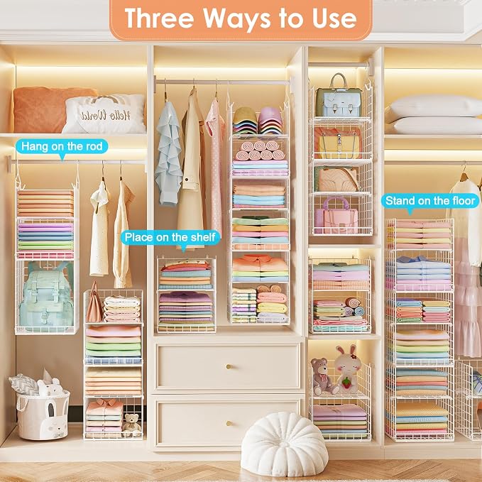Yuyetuyo 6 Tier Raised-Height Hanging Closet Organizer, Stackable Sweater Organizer for Closet, Wire Storage Basket Bins for Clothes Purse Shoes, Hanging Shelves with 4 Hooks & 3 Dividers Adjustable - Image 6