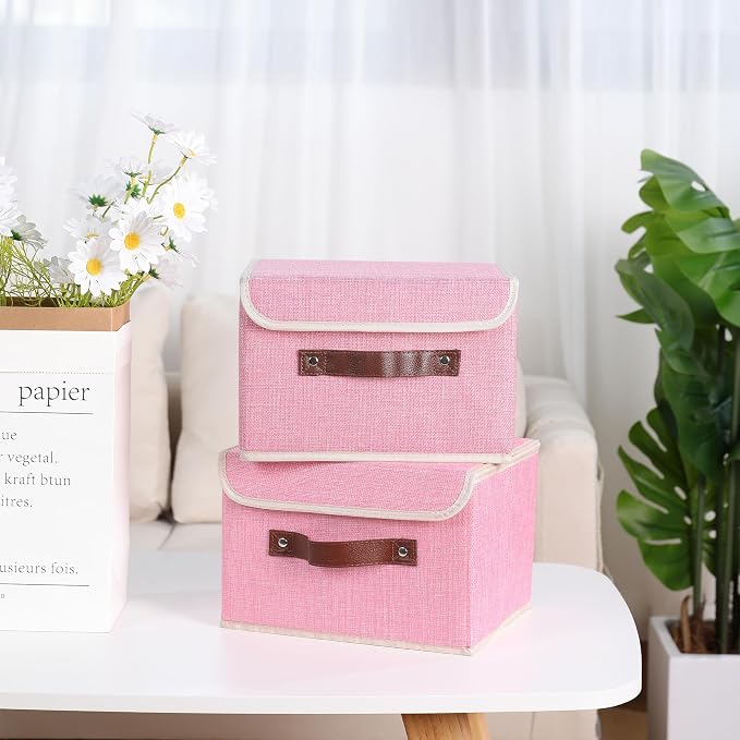 ANMINY Fabric Storage Box Bins with Lids, Pink, 13"x9"x7.9" | Keepsake Memory Storage, Cotton Linen, PP Board Reinforced, Washable, PU Handles, Foldable & Stackable, Decorative, Medium - Image 2
