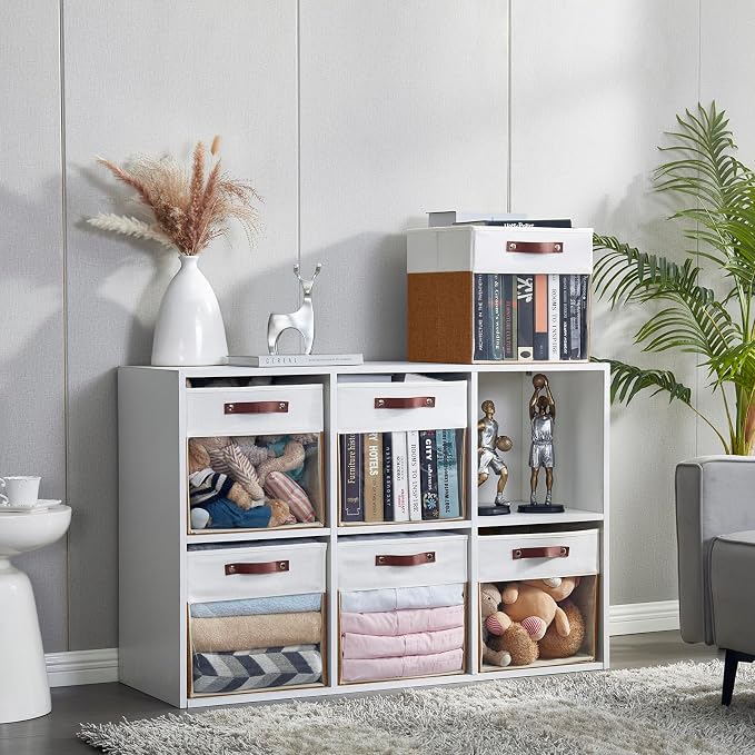 Storage Cubes, 4 Pack Linen Foldable Storage Bins (13 x 13 inch) with Clear Window and Handles, Fabric Organizer for Shelf Closet, Clothes, Books - (Brown and White) - Image 5