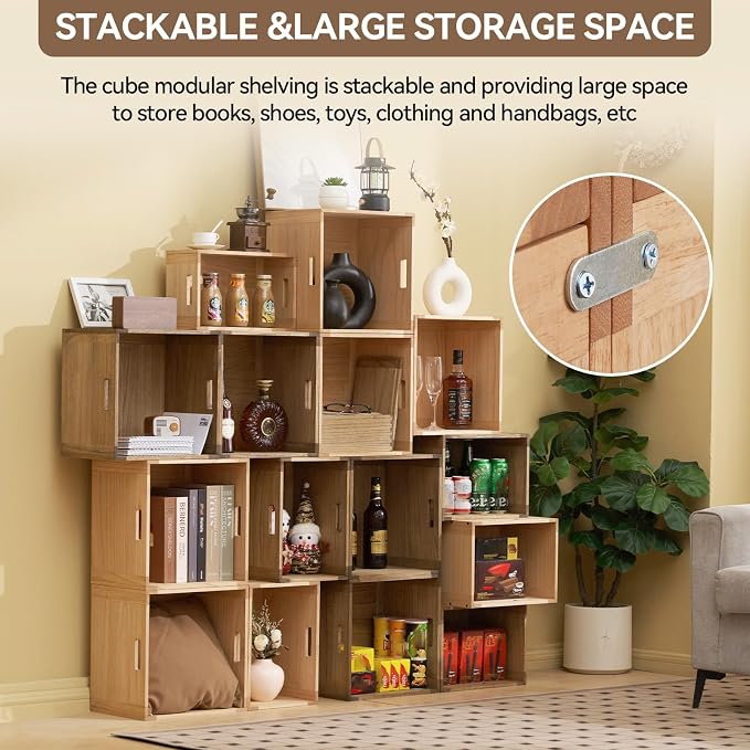 KIRIGEN Stackable Wood Storage Cube with Handles, Open Crate Bin, Natrual | Wooden Box and Open Front ,Stackable for Books, Clothes, and Closet Storage, Assembly Required, 14.17 x 14.17 x 10.31 Inch - Image 2