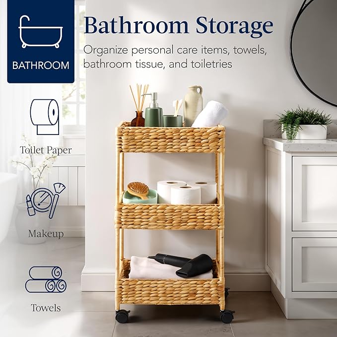 Best Choice Products 3-Tier Water Hyacinth Rolling Nursery Caddy w/Wheels, Utility Cart, Storage Organization for Bathroom, Craft Room, Laundry Room - Natural - Image 5