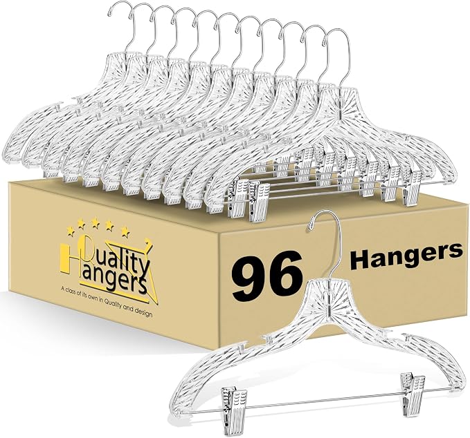 Quality Clear Plastic Skirt Hangers - 96 Pack Crystal Cut for Skirt, Pant, Dress, Suit, Coat Hangers Heavy Duty & Nonslip Design Adjustable Clips, Swivel Hook, 17" inch by QualityHangers