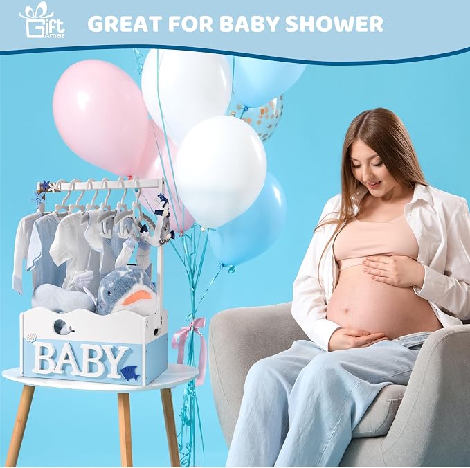 GiftAmaz Blue Wooden Baby Shower Crate Closet, Baby Storage Crate with Handle, Baby Shower Gifts Basket, Baby Welcome Box for Newborn Boys, Pregnancy Gifts for New Parents - Image 2
