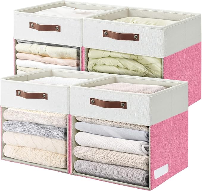 Storage Cubes, 4 Pack Linen Foldable Storage Bins (13 x 13 inch) with Clear Window and Handles, Fabric Organizer for Shelf Closet, Clothes, Books - (Pink and White) by Bagnizer