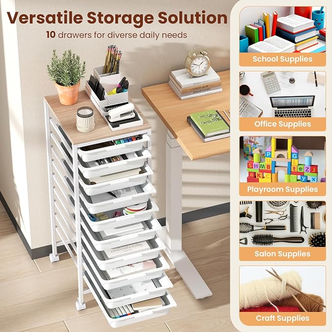 Giantex Rolling Storage Cart with 10 Drawers, Utility Cart w/Wooden Tabletop, Lockable Wheels, Multipurpose Organizer for Art Craft Books Paper, Drawer Carts for Dorm Classroom Office, White - Image 6