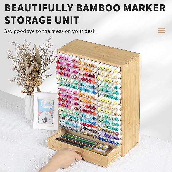 AUTOARK Bamboo Marker Organizer for 225 Markers,AHK-063 | Desktop Storage with Drawers,Art Markers Pens Pencils Brushes,Stationary Organizer - Image 6