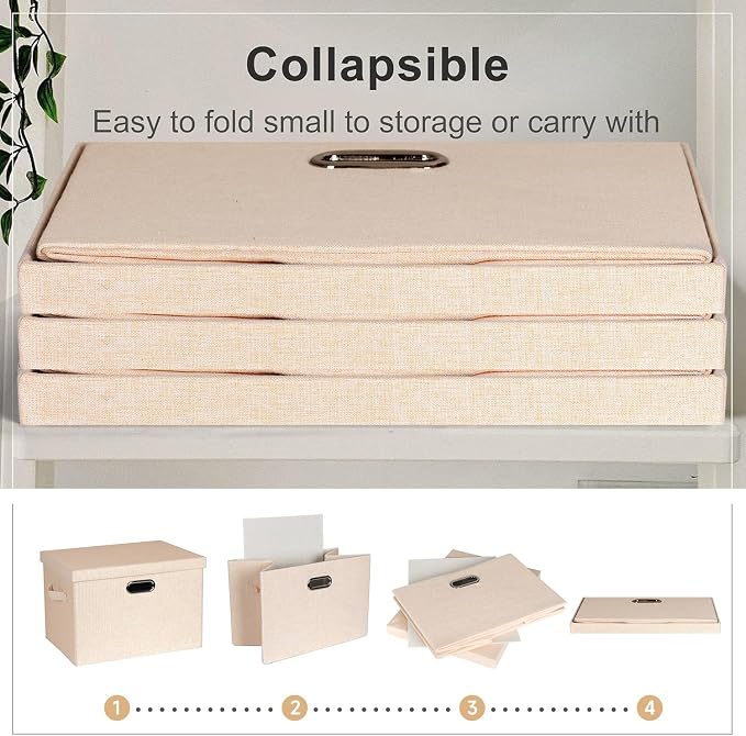 Storage Bins with Lids Fabric Closet Organizers Cubes Office Organization | 36 Quart 3 Pack Light Orange Collapsible Stackable Linen Fabric 4 Handles Bedroom Closet Cabinet Under Bed Clothes Toy Office - Image 4