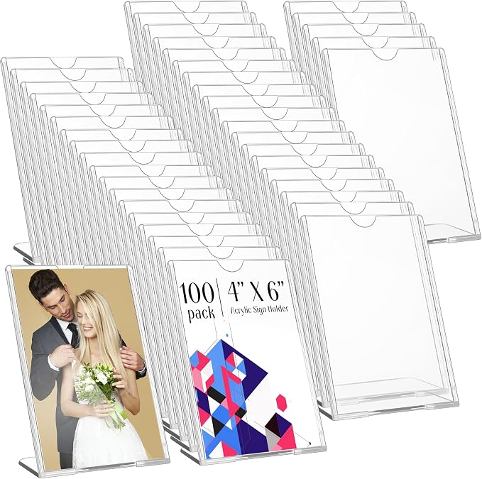 Maitys 100 Pack 4x6 Acrylic Picture Frame Clear Frame Bulk | Vertical Photo Self Standing Brochure Holders Price Display Signs L-shape Frames for Wedding, Restaurant, Office, Desktop by Maitys
