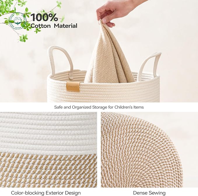 Nunsino 80L Laundry Hamper Basket,Baby Nursery Woven Storage Basket for Toys Bin,Pillows,Blankets,Clothes,Brown&White - Image 5