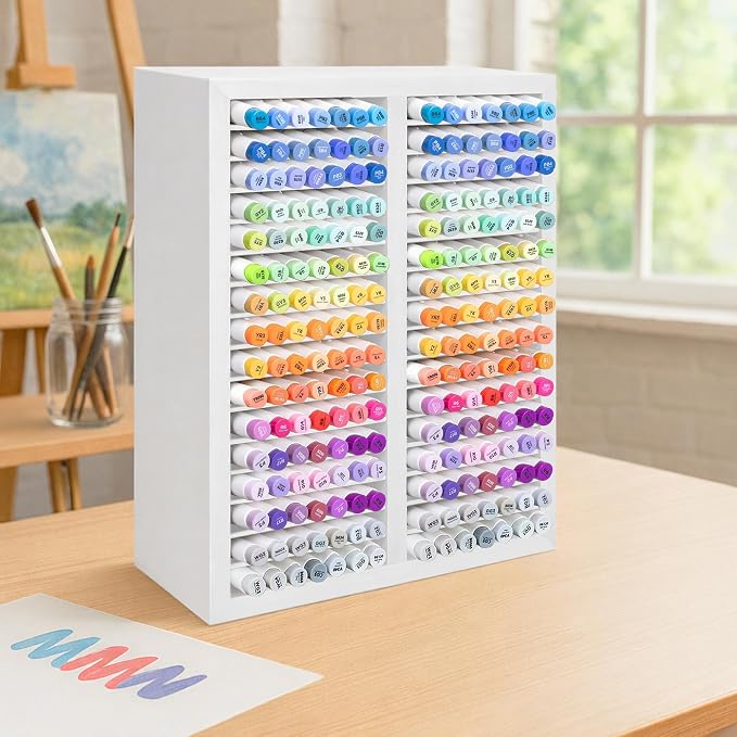 PROLEE Marker Organizer for 224 Markers, Wooden Alcohol Marker Holder with 32 Compartments, Horizontal Art Pen and Pencil Storage Rack for Desk, Classroom and Studio, White - Image 2