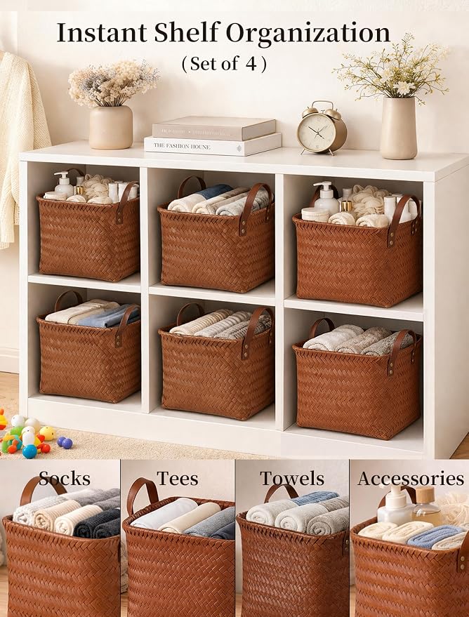 Wicker Storage Baskets, 4 Pack Woven Baskets for Shelves, Brown | PP Rattan, Water-resistant Wicker Basket, Large Baskets with Faux Leather Handles for Blanket, Laundry Organizer, Room Decor - Image 3
