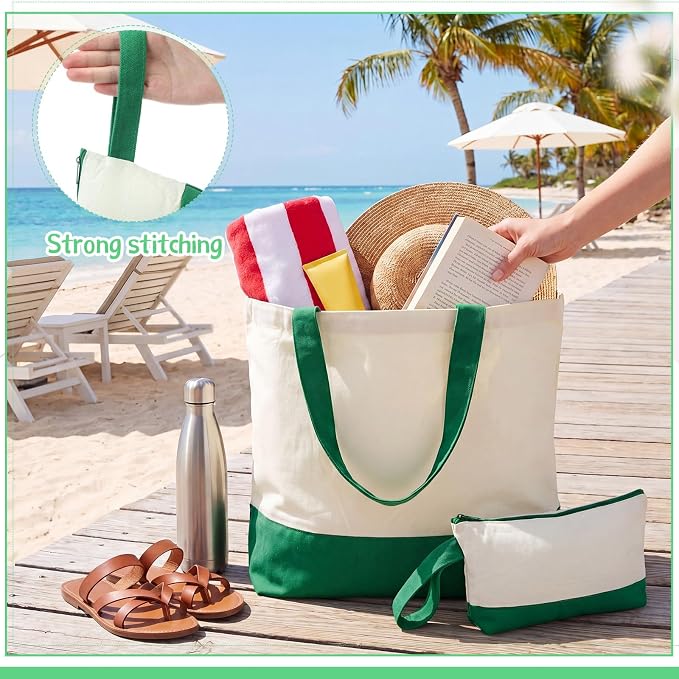 Sanwuta 30 Pcs Canvas Tote Bags Bulk with Zipper Cosmetic Pouch,Green | 18.5" Reusable Cotton Shopping Bag with Handle for DIY Craft - Image 7