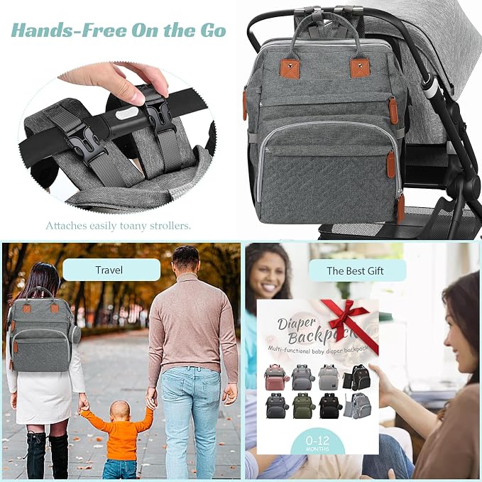 Diaper Bag Backpack for New Parents, Large Capacity Baby Travel Bag with Bottle Holders, Multiple Compartments (Grey) - Image 5