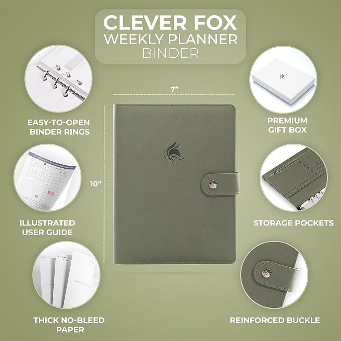 Clever Fox Weekly Planner Binder, Undated Daily A5 Eco Leather Cypress | 7 x 10 in with A5 pages, mini 3 ring portfolio organizer, work time manager, day runner, agenda book with monthly calendars - Image 2