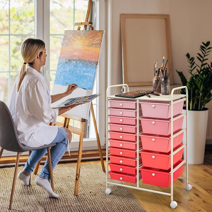 DREAMADE Rolling Cart with 15 Drawers, Rolling Drawer Organizer Cart w/Lockable Wheels, Removable & 2-Sized Storage Drawers, Art Cart for School Home Art Supplies Crafts File Scrapbook (Mixed Pink) - Image 2