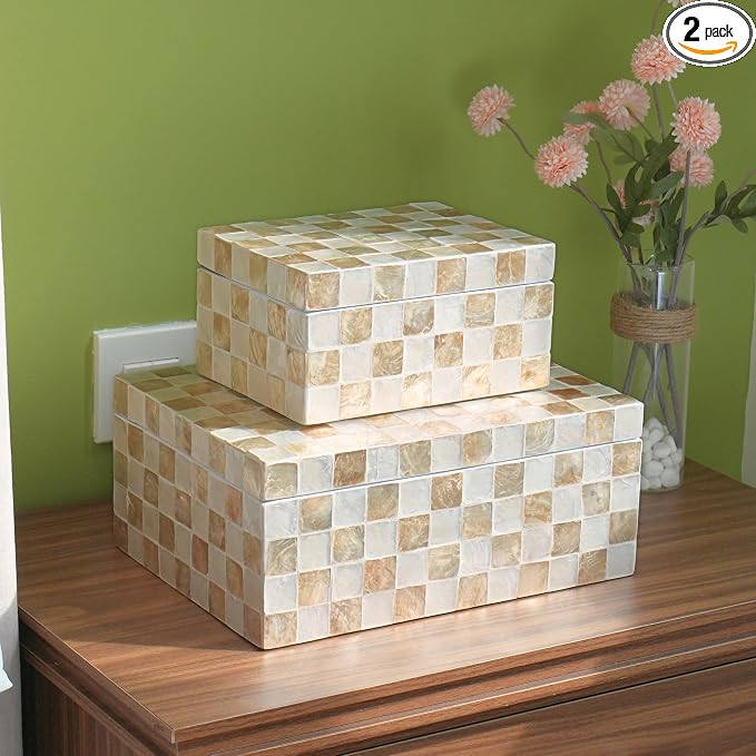12"x8" Capiz Shell Decorative Boxes with Lids, Ivory, Set 2 | Lidded Storage Keepsake Boxes For Photos, Letters & Jewelry, Decorative Beige Keepsake Trunk, Trinket Boxes For Home Decor by ChiAnHome