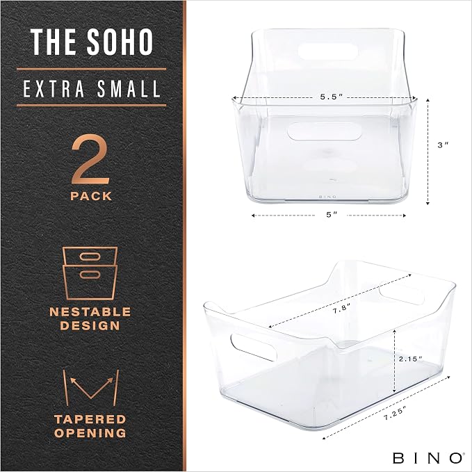 BINO | The SOHO Collection Plastic Storage Bins, X-Small - 2 Pack, Clear | Pantry and Fridge Organizer Containers, Kitchen Cabinet and Medicine Cabinet Bins - Image 2