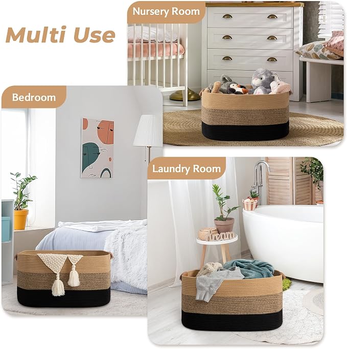 Large Blanket Basket for Living Room,72 L Rectangle Toy Storage Basket for Nursery Room, Woven Rope Storage Box with Leather Handle, 22’’*17’’*11.8’’, Gradient Linen - Image 8