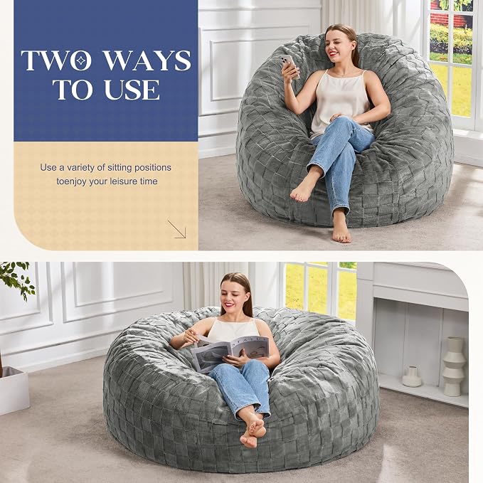 Hobestluk Adults Bean Bag Chair 5FT Big BeanBag Chair Giant Large Oversized | Memory Foam,Washable Cover,Unique Fluffy Plaid,Comfy Adult BeanBag with Filler Lounging Gaming Bedroom Living Room | Grey 5FT - Image 3