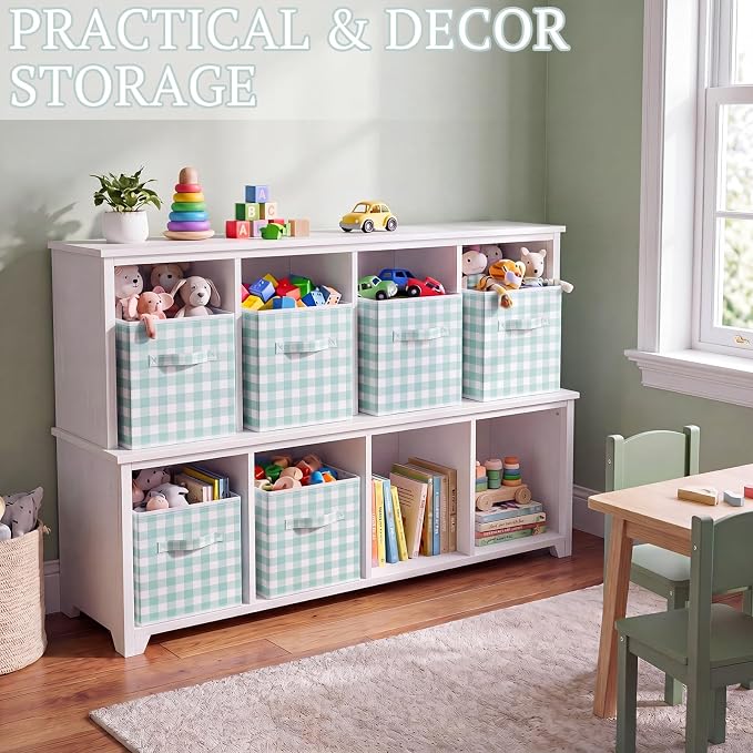 Yalikop 6 Pcs Green Gingham Cube Storage Bins, 11 Inch Fabric Checkered Classroom Storage Bins Organizer with Handle Preppy Collapsible Cubby Basket for Classroom Home Nursery Playroom Bedroom - Image 5