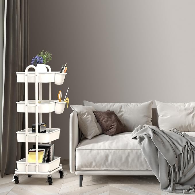 Simple Houseware 4-Tier Rolling Utility Cart with Hanging Bucket, White | Storage for Bathroom, Kitchen, Office, Study Room, Nursery Diaper - Image 8