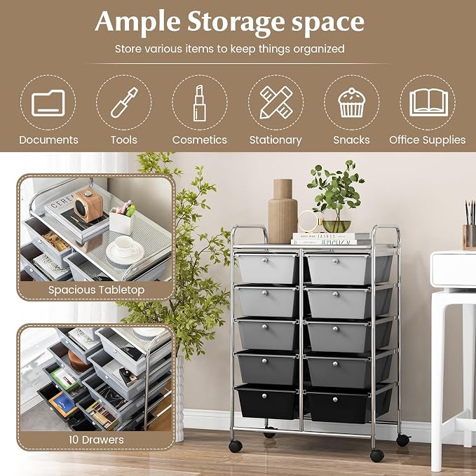 RELAX4LIFE Rolling Storage Cart with 10 Drawers - Craft Storage Cart with Lockable Wheels,Utility Cart, Art Cart Organizer for Crafting Storage, Office, School Rolling Drawer Cart (Gradient Black) - Image 6