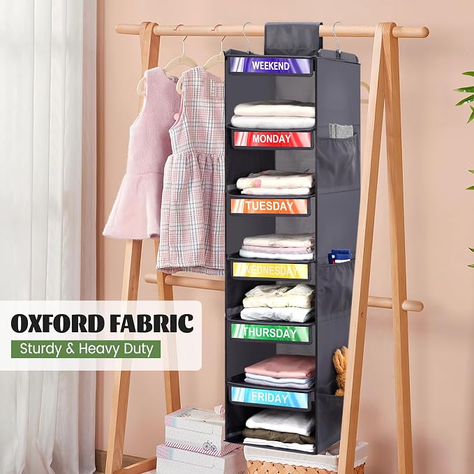 2 Pack 6-Shelf Weekly Clothes Organizer for Kids, Hanging Daily Closet Organization with 6 Side Pockets, Days of The Week Clothing Divider Storage for Boys and Girls (Grey) - Image 4