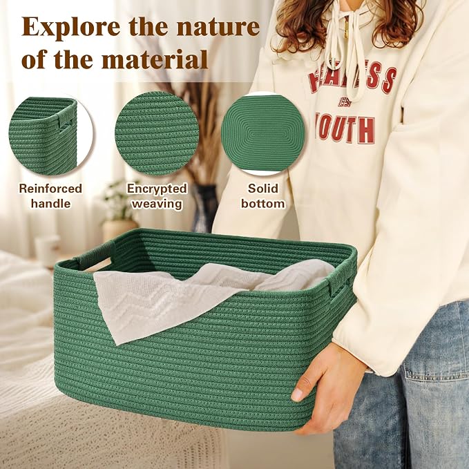 2 Pack Large Storage Basket for Organizing, 17.5"x13"x7" Woven Basket for Shelves, Closet Cube Storage Bins with Wrapped Handle, Cotton Rope Baskets for Kitchen, Clothes, Toys(Green) - Image 3