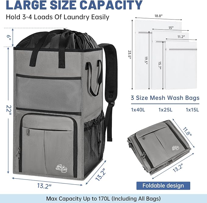 Large Laundry Backpack Bag with 3 Sizes Mesh Wash Bags Total 170L | 2 in 1 Laundry Hamper Basket with Shoulder Straps, Freestanding Laundry Bag for College Dorm, Laundromat, Apartment - Image 2