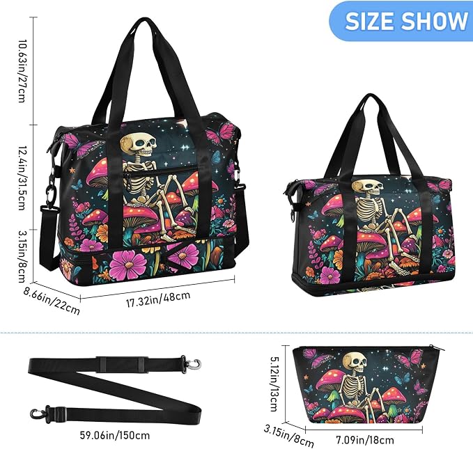 MNSRUU Unisex Adults Travel Duffel Tote Bag Skeleton A14152 17.32 x 8.66 x 15.55 inches Multi-Compartment Wet/Dry Separated Adjustable Strap Trolley Strap - Image 6
