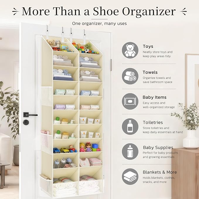 Over the Door Shoe Organizer, 20-30 Pairs Heavy-Duty Hanging Shoe Storage with Large Pockets, 10-Tier Door Shoe Rack with 4 Hooks for Sneakers Sandals Heels Boots (Beige) - Image 7