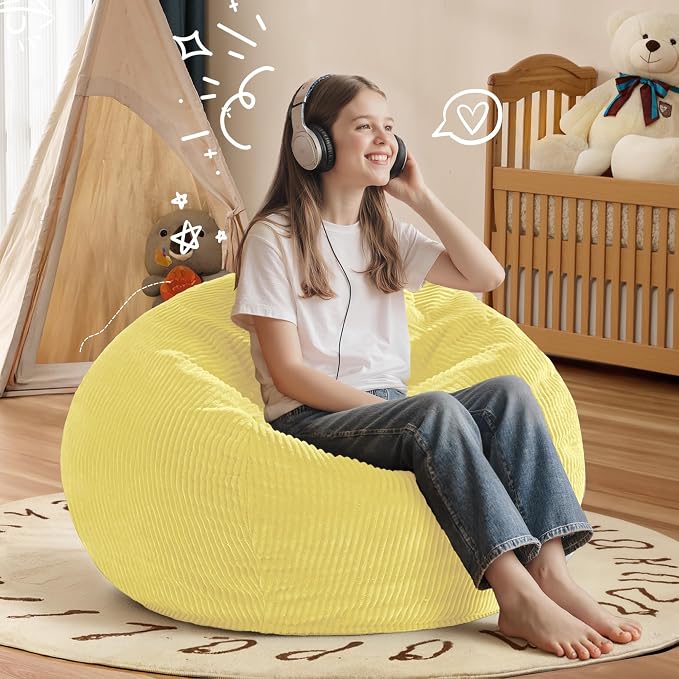 2FT Bean Bag Chair: 2' Small Bean Bags with Memory Foam Filled | Beanbag Chairs with Handle,Teardrop Bean Bag Sofa with Corduroy Machine Washable Cover for Living Room,Bedroom-Yellow - Image 6