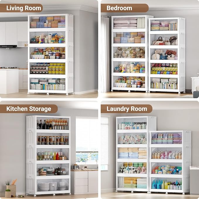 BROVIEW V60 880QT Plastic Stackable Storage Bins with Lid, 4Pack White | 220Gal Extra Large Closet Organizers Collapsible Cabinets Boxes With Drawer, Foldable Container with 6x Wheels for Home - Image 6