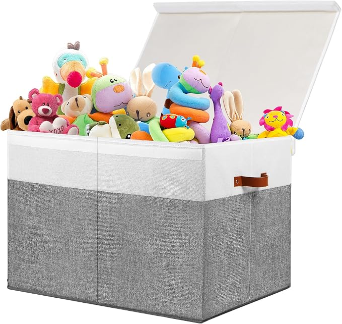 Large Toy Storage Box with Lid, Toy Chest Bin Boxes Basket with Dividers | Sturdy Toy Organizer Bin for Kids, Boys, Girls, Nursery, Living Room, Bedroom, Playroom 26"x17" x17" (Grey and White) by Gowee