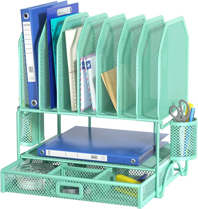 FANXIYQ Metal Desk Organizer with Sliding Drawer, 7-Section File Organizer for Desk, Desktop File Folder & Paper Organizer with 2 Hanging Pen Holders, Office Supplies Organizer, Green by FANXIYQ