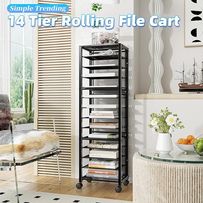 Simple Trending 14 Tier Rolling File Cart, Desk File Organizer, Paper Letter Storage Rolling Clutter Cart for Office, Home, School, Black - Image 2