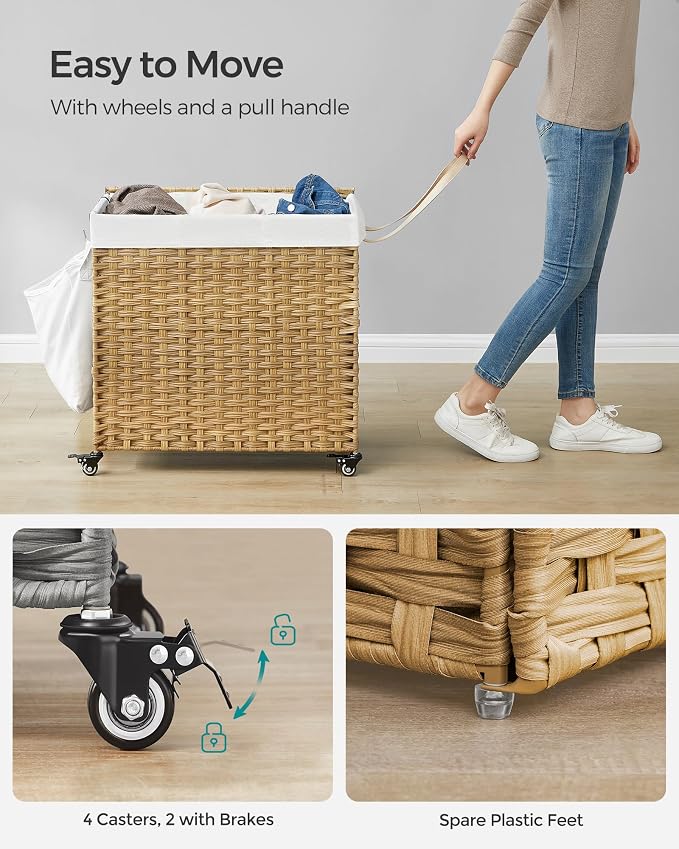 SONGMICS Rolling Laundry Hamper with Lid, 140 L 3-Section Synthetic Rattan | Laundry Basket with Wheels, Removable Liner, 26 x 13 x 26 Inches, Natural, ELIOTT Collection ULCB363N01 - Image 4