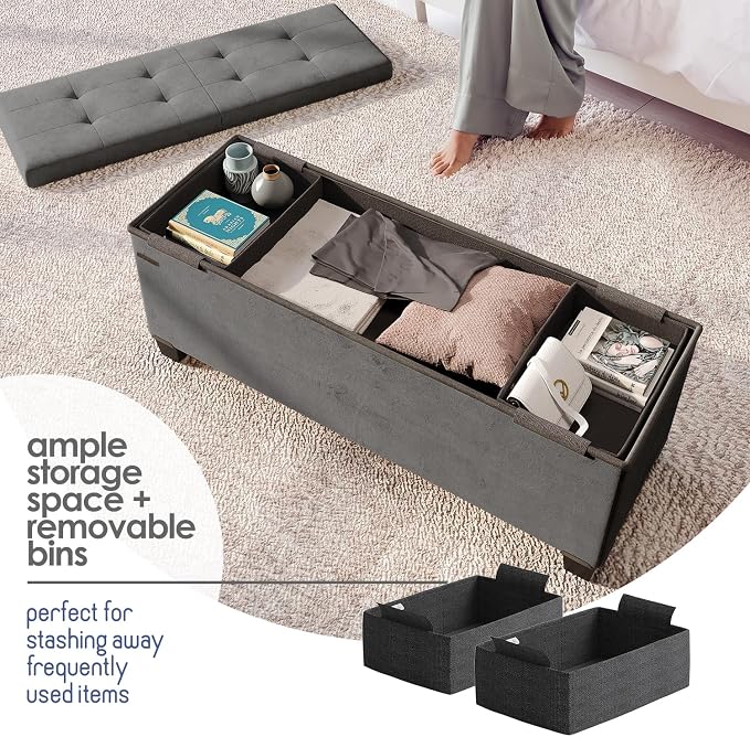 Storage Ottoman Bench with Bins, 43-in Storage Bench for Bedroom End of Bed, Folding Foot Rest Ottoman for Living Room Max 660lbs, Velvet Ottomans, Grey - Image 3