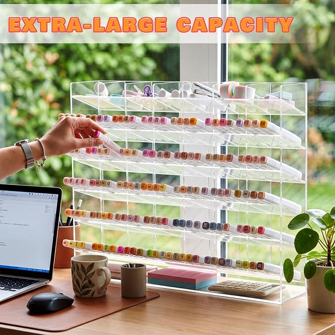 MotiMind Acrylic Pen Organizer Storage for 520 Markers Vertical Marker Organizer Acrylic Pen Display Holder for Office Desk Desktop Stationery Pencil Storage, Clear, 21 x 4 x 14.5 - Image 4