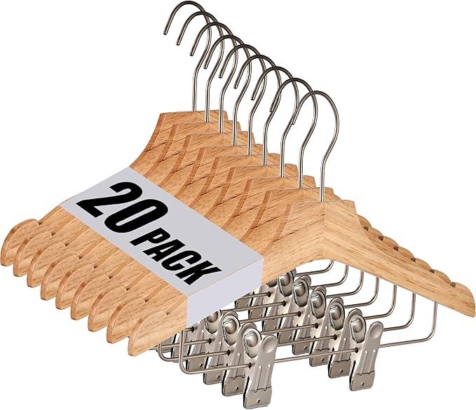 Natural 12.7" Ultra-Thin Wooden Children Closet Clothes Clips Hangers 20PCS Wood Baby Kids Coat Hangers for Infant Toddler Newborn Jumpsuit Pants Skirts Jeans Space Saving Heavy Duty Durable by HELEE