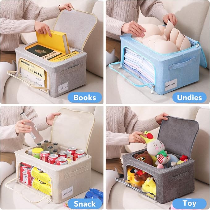 Clothes Storage Bins Box - Linen Fabric Foldable Stackable Container Organizer Set with Clear Window & Carry Handles & Metal Frame - 2Pack Large Capacity for Bedding, Blankets, Books - Image 4