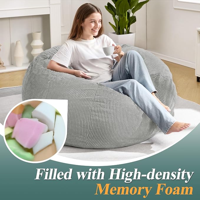 3FT Bean Bag Chair for Adults,3' Big Teardrop Beanbag with Filler | Beanbag Chair with Memory Foam Filled,Bean Bags with Handy Handle&Machine Washable Cover for Living Room,Bedroom-Light Grey - Image 4