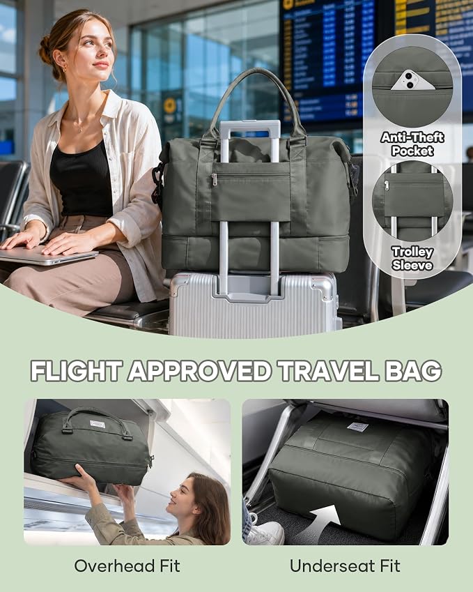 Travel Duffel Weekender Bag Women Tote Carry On Bags With Shoe Compartment | 18x14x8 inches Travel Overnight Bags with Trolley Sleeve for Airplanes Waterproof Sport Tote Gym with Toiletry Bag Green - Image 2