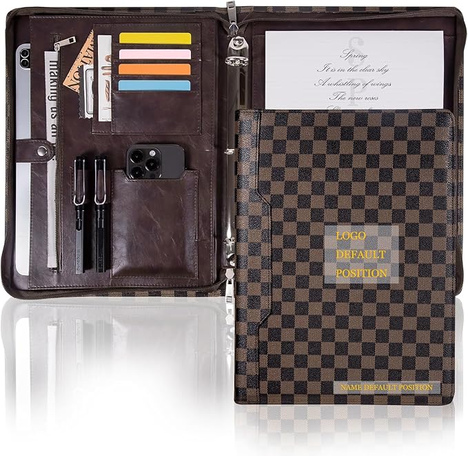 Calfinder Personalized Portfolio Binder for Women&Men, Free Name Engrave,Customized Leather Padfolio with Logo or Name,3 Ring Zippered Padfolio with Pad 13" Holder for Interview（Brown-Grid） by Calfinder