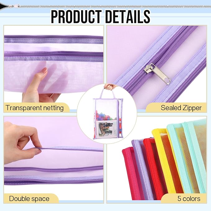 25 Pack Colored Mesh Zipper Pouch Bags Double Layer Nylon Puzzle Bags A4 Zipper Pouch with Handle for Toy Organizer Storage School Office (Purple, Blue, Watermelon Red, Yellow, Rose Red) - Image 3