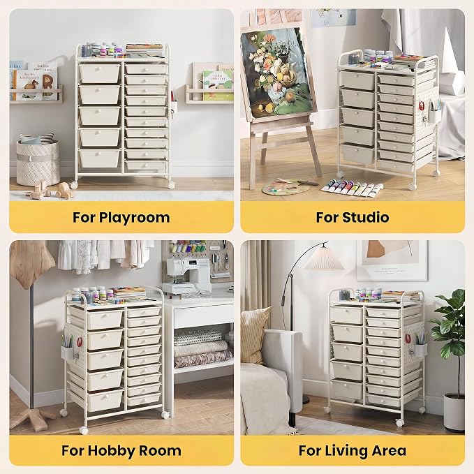 DREAMADE 15-Drawer Rolling Storage Cart, Craft Organizer Cart, White | Mobile Utility Cart with Metal Pegboard Panels, Tabletop and Lockable Wheels for Classroom, Office, Studio and Playroom - Image 8